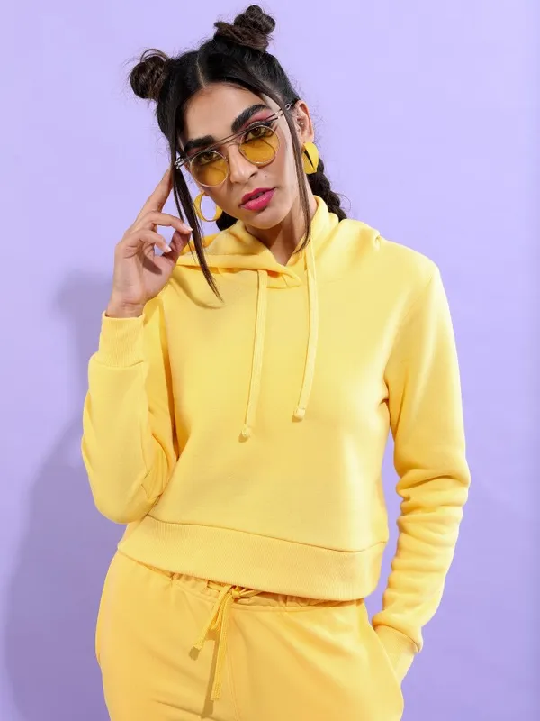  Tokyo Talkies Women Yellow Solid Pullover Hood Sweatshirts