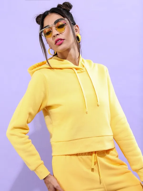  Tokyo Talkies Women Yellow Solid Pullover Hood Sweatshirts