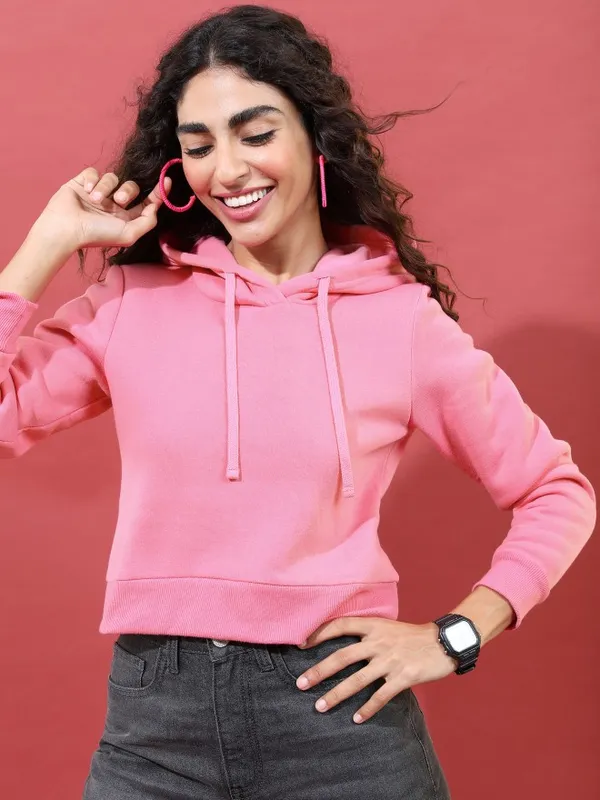  Ketch Women Pink Solid Pullover Hood Sweatshirts