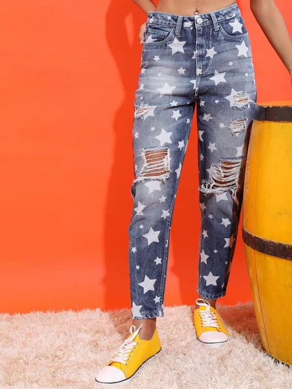  Tokyo Talkies Women Blue Mom Fit Highly Distressed Jeans