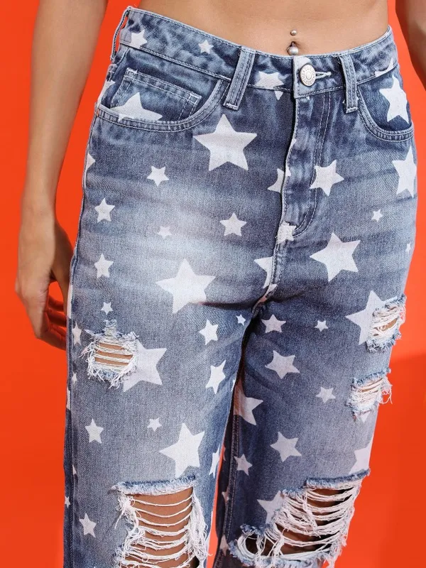 Tokyo Talkies Women Blue Mom Fit Highly Distressed Jeans