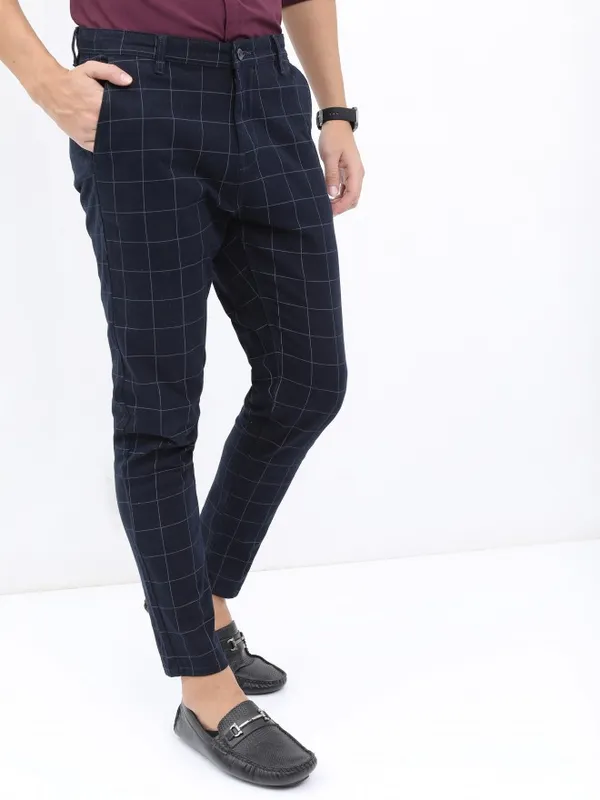  Highlander Men Navy Blue Slim Fit Checked Casual Trousers