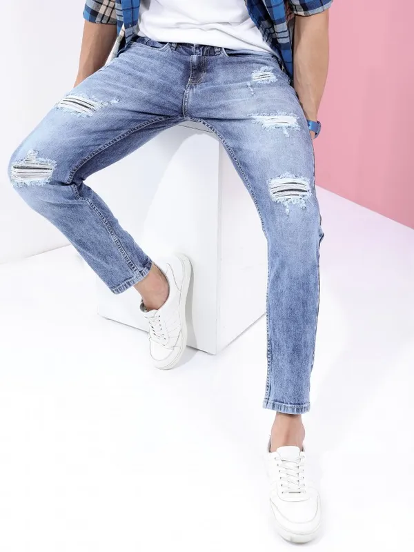  Highlander Men Blue Tapered Fit Highly Distressed Jeans