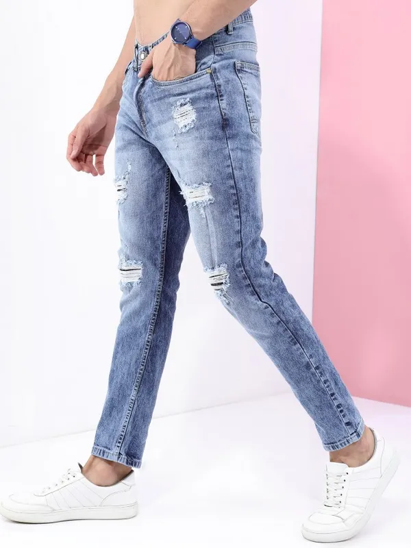  Highlander Men Blue Tapered Fit Highly Distressed Jeans