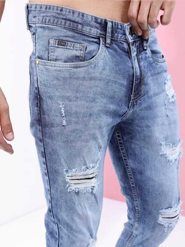  Highlander Men Blue Tapered Fit Highly Distressed Jeans