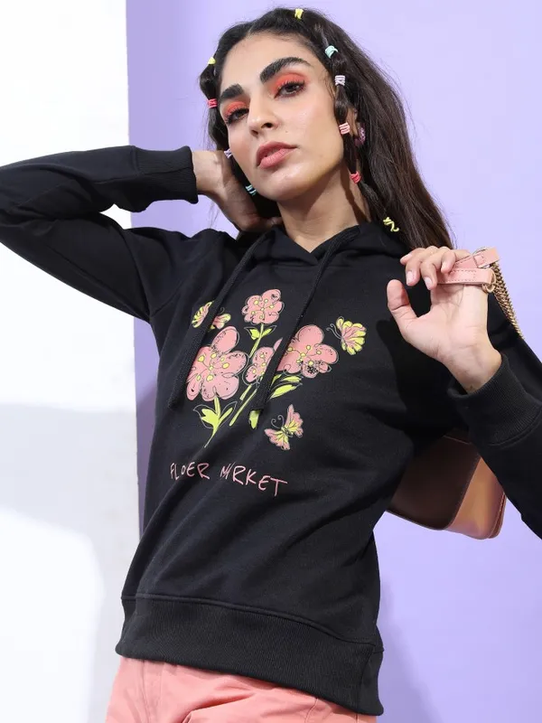  Tokyo Talkies Women Black Printed Pullover Hood Sweatshirts