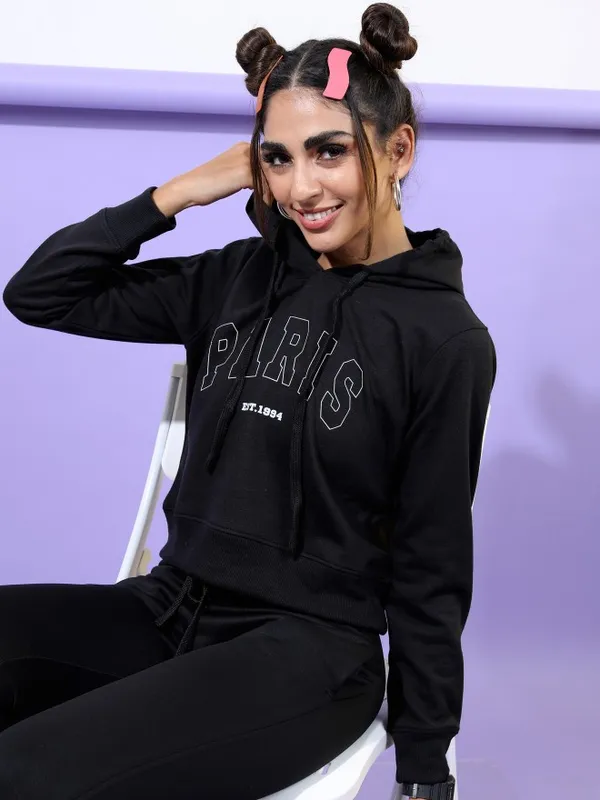  Tokyo Talkies Women Black Printed Pullover Hood Sweatshirts