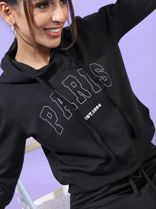  Tokyo Talkies Women Black Printed Pullover Hood Sweatshirts