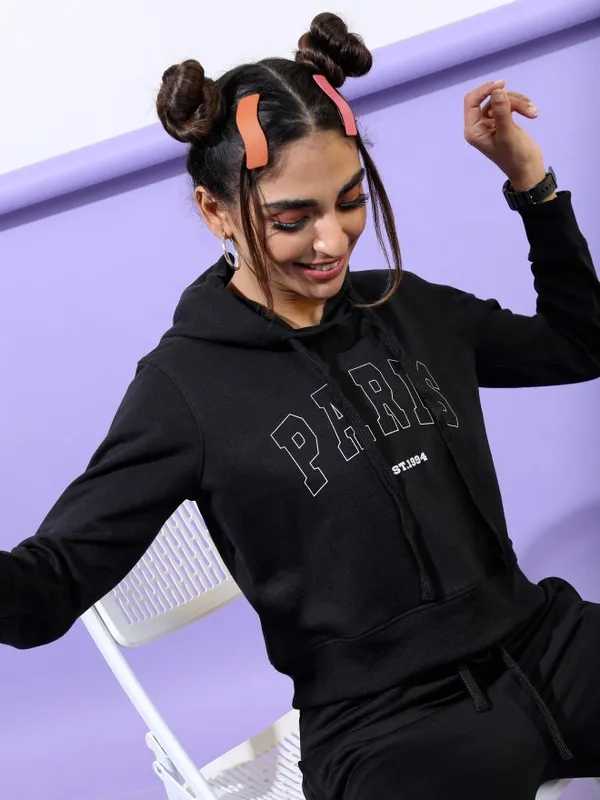  Tokyo Talkies Women Black Printed Pullover Hood Sweatshirts