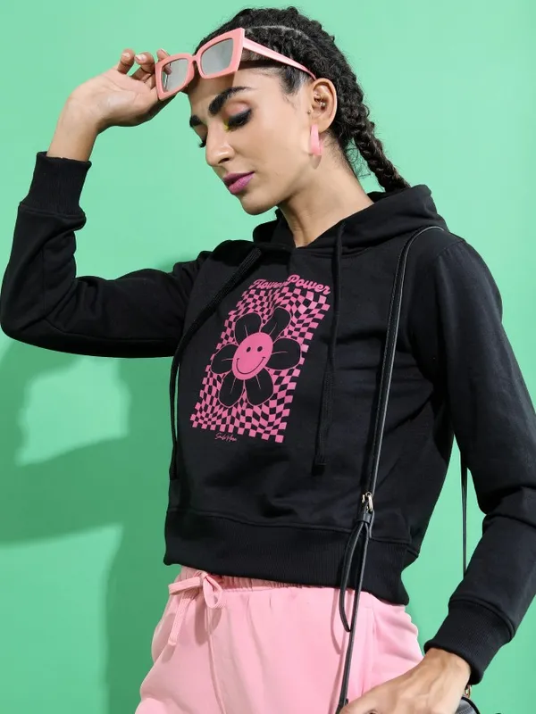  Ketch Women Black Solid Pullover Hood Sweatshirts