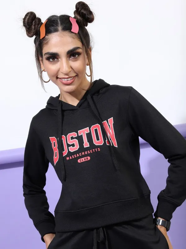  Ketch Women Black Printed Pullover Hood Sweatshirts