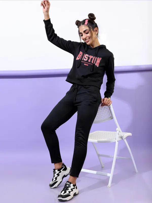  Ketch Women Black Printed Pullover Hood Sweatshirts