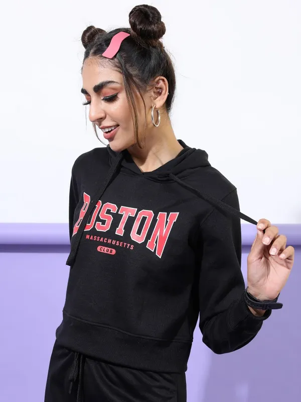  Ketch Women Black Printed Pullover Hood Sweatshirts