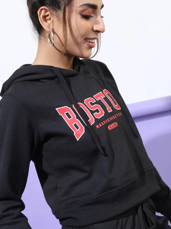  Ketch Women Black Printed Pullover Hood Sweatshirts