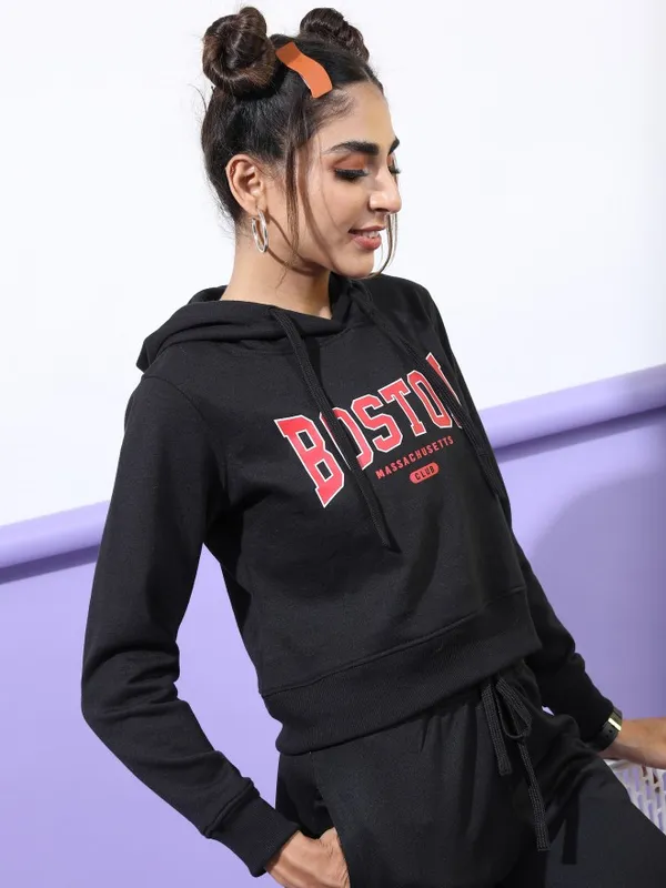  Ketch Women Black Printed Pullover Hood Sweatshirts