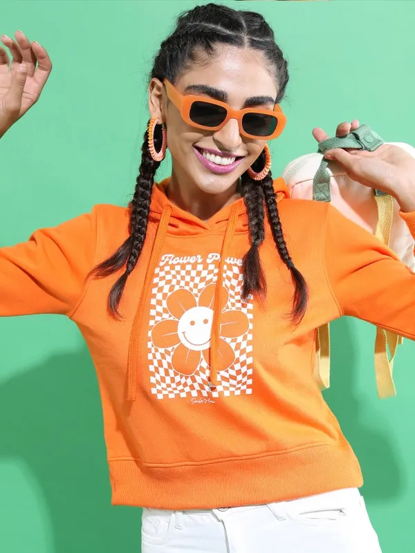  Ketch Women Orange Solid Pullover Hood Sweatshirts