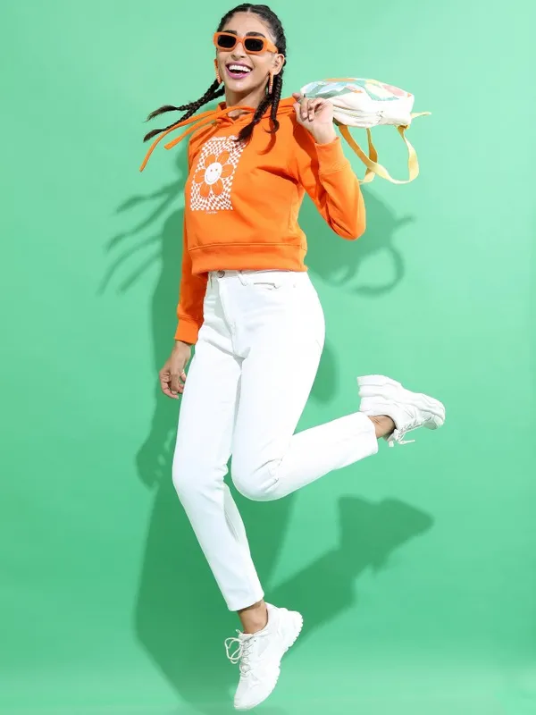  Ketch Women Orange Solid Pullover Hood Sweatshirts