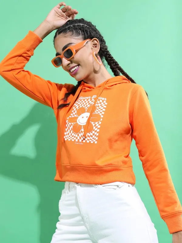  Ketch Women Orange Solid Pullover Hood Sweatshirts