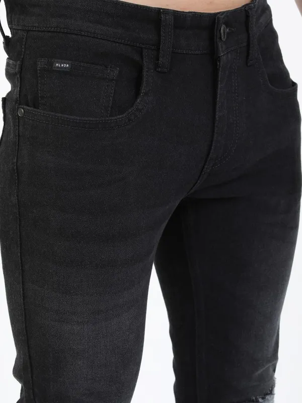  Highlander Men Black Tapered Fit Highly Distressed Jeans