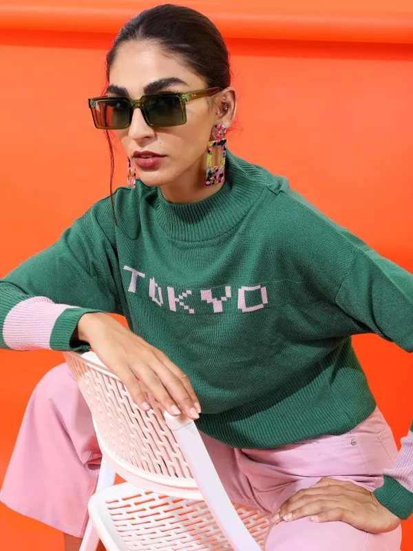 Tokyo Talkies Women Green Mock Collar Sweaters