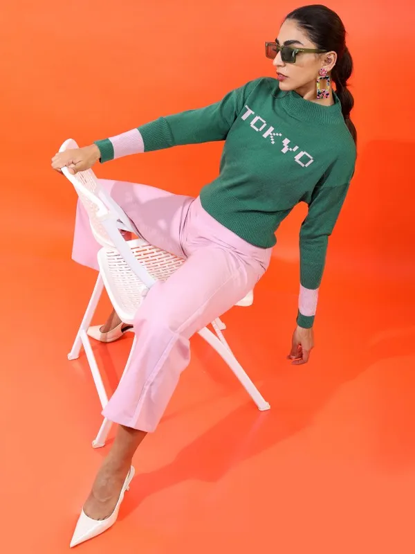 Tokyo Talkies Women Green Mock Collar Sweaters