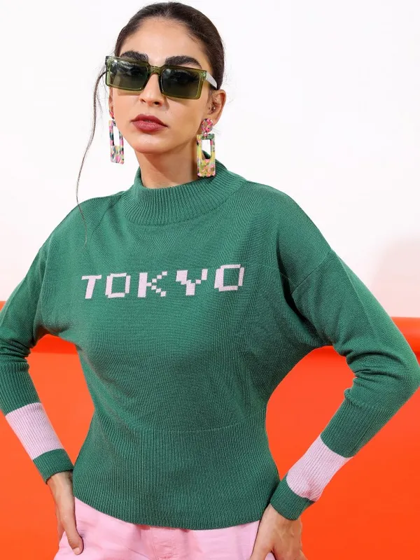Tokyo Talkies Women Green Mock Collar Sweaters