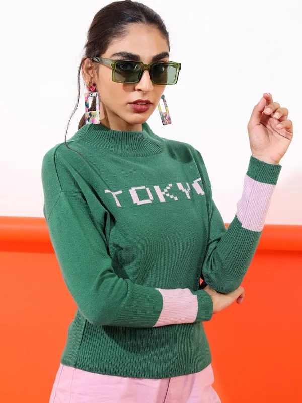 Tokyo Talkies Women Green Mock Collar Sweaters