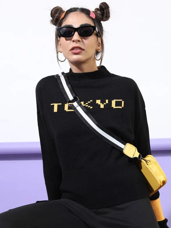 Tokyo Talkies Women Black Mock Collar Sweaters
