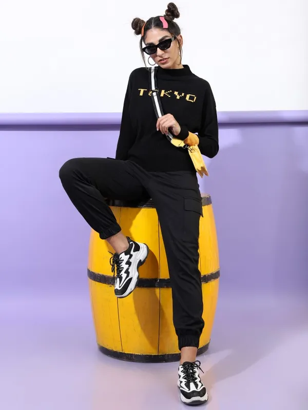 Tokyo Talkies Women Black Mock Collar Sweaters