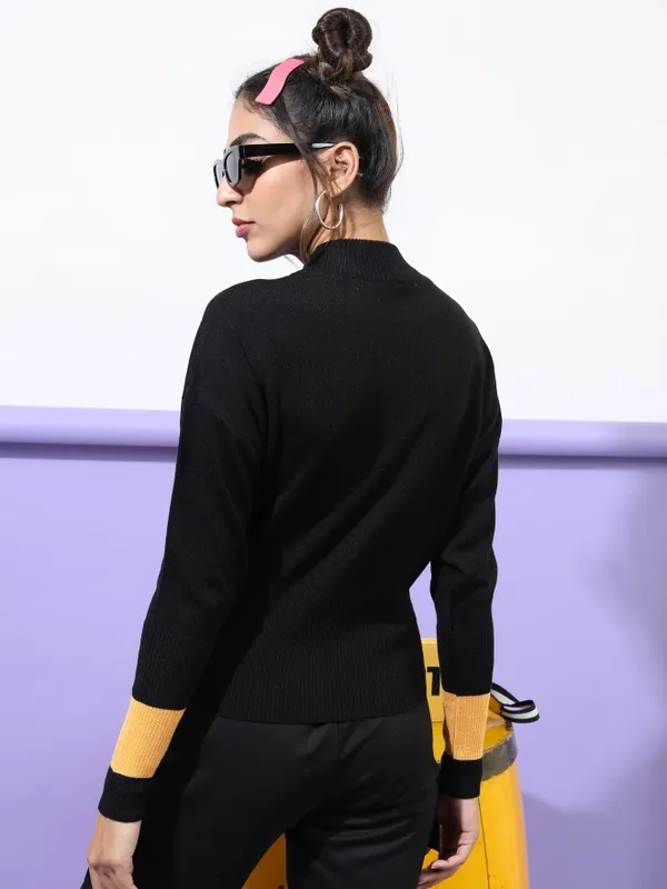 Tokyo Talkies Women Black Mock Collar Sweaters