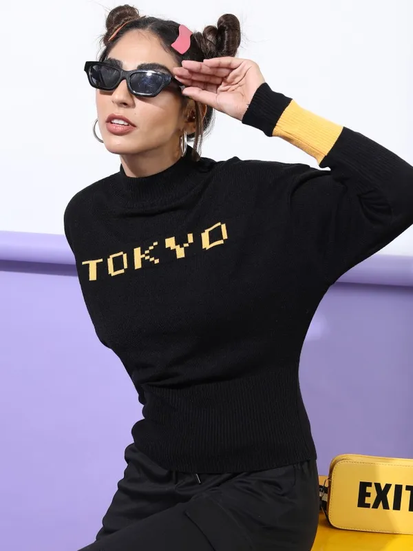 Tokyo Talkies Women Black Mock Collar Sweaters