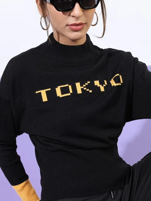 Tokyo Talkies Women Black Mock Collar Sweaters
