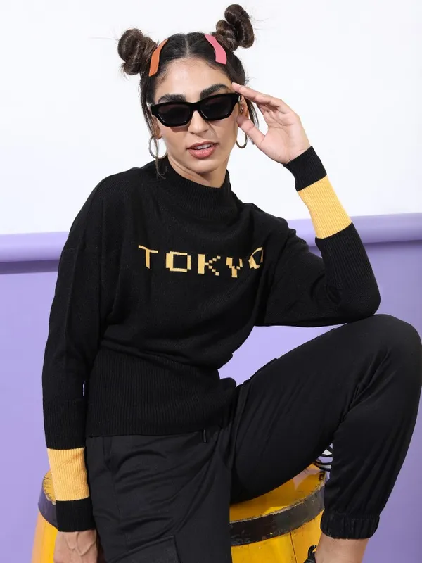 Tokyo Talkies Women Black Mock Collar Sweaters