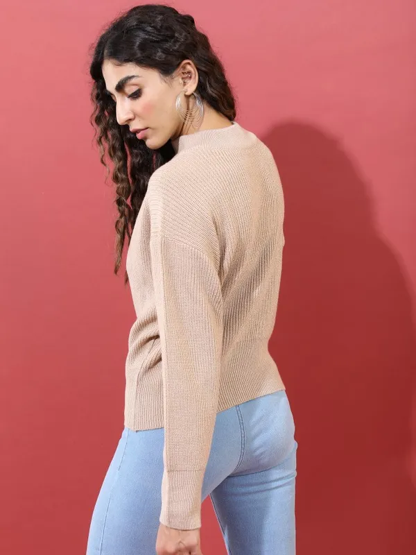  Tokyo Talkies Women Beige Mock Collar Sweaters