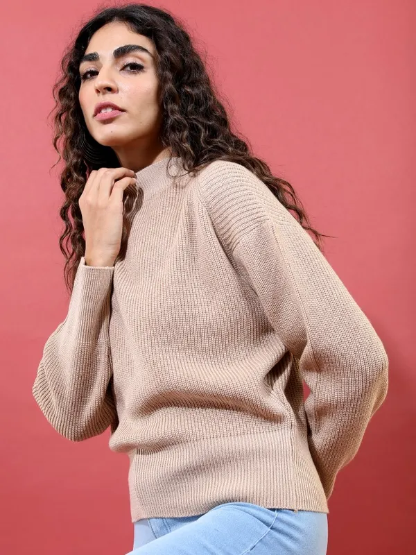  Tokyo Talkies Women Beige Mock Collar Sweaters