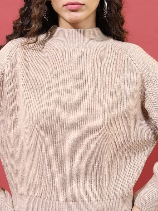  Tokyo Talkies Women Beige Mock Collar Sweaters