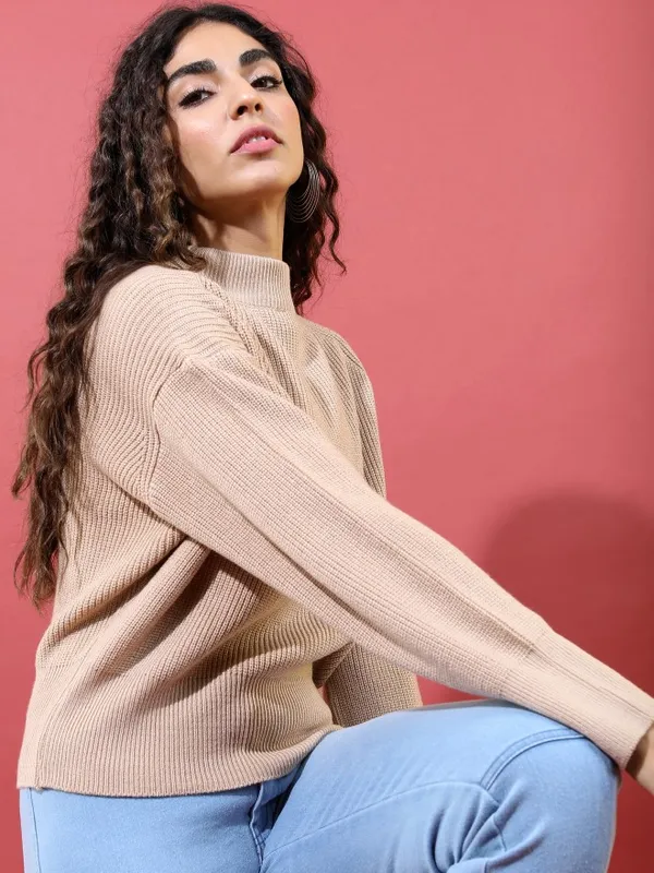  Tokyo Talkies Women Beige Mock Collar Sweaters