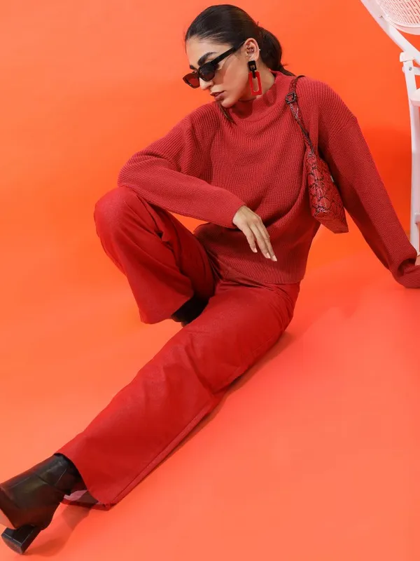 Tokyo Talkies Women Red Mock Collar Sweaters