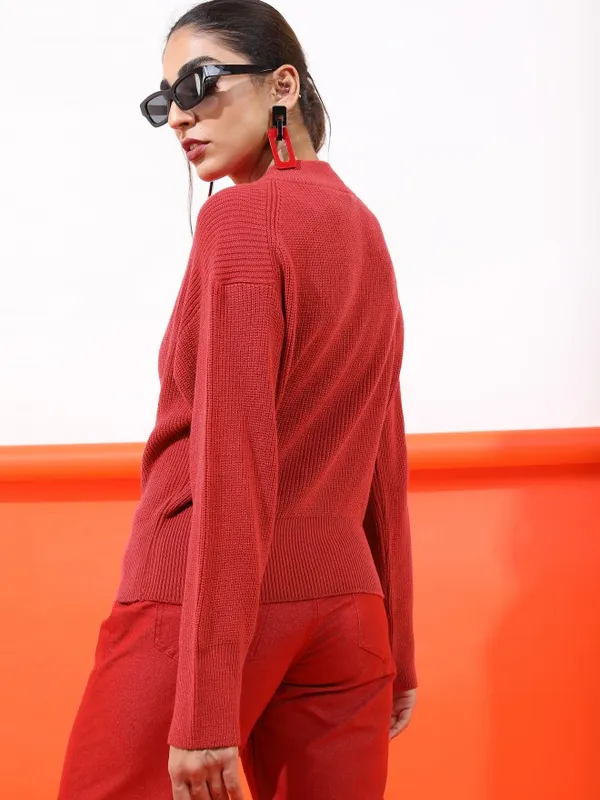 Tokyo Talkies Women Red Mock Collar Sweaters