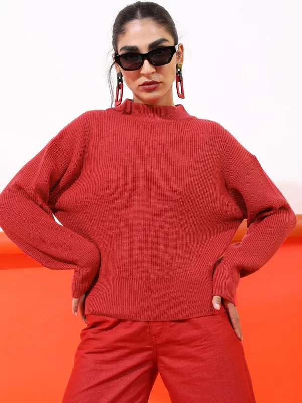 Tokyo Talkies Women Red Mock Collar Sweaters