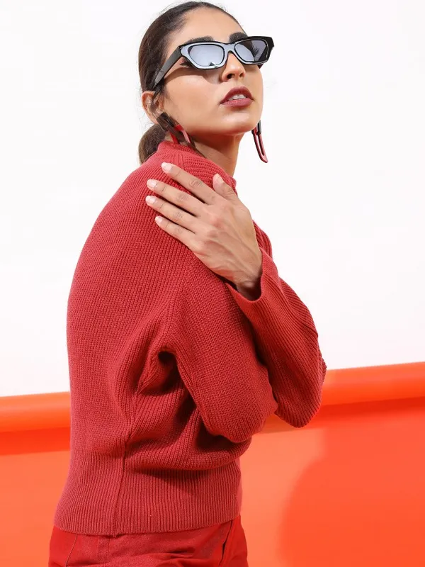 Tokyo Talkies Women Red Mock Collar Sweaters