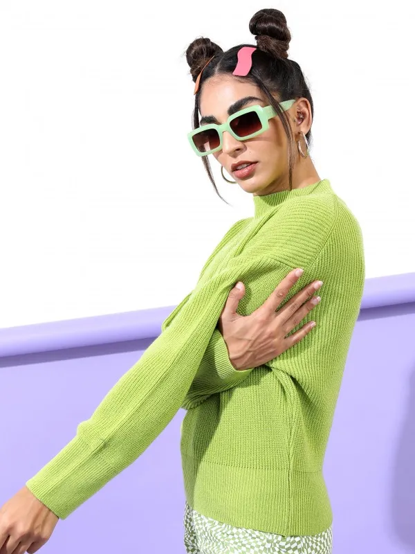 Tokyo Talkies Women Green Mock Collar Sweaters