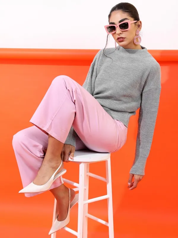  Tokyo Talkies Women Grey Mock Collar Sweaters