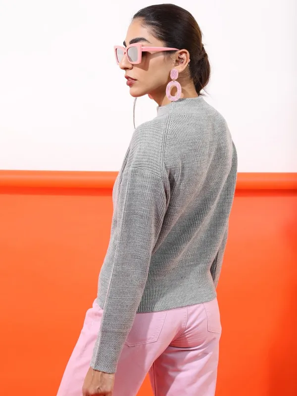  Tokyo Talkies Women Grey Mock Collar Sweaters