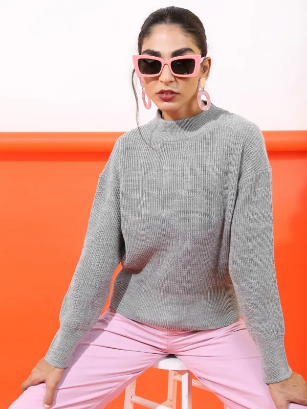  Tokyo Talkies Women Grey Mock Collar Sweaters