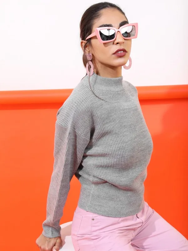  Tokyo Talkies Women Grey Mock Collar Sweaters