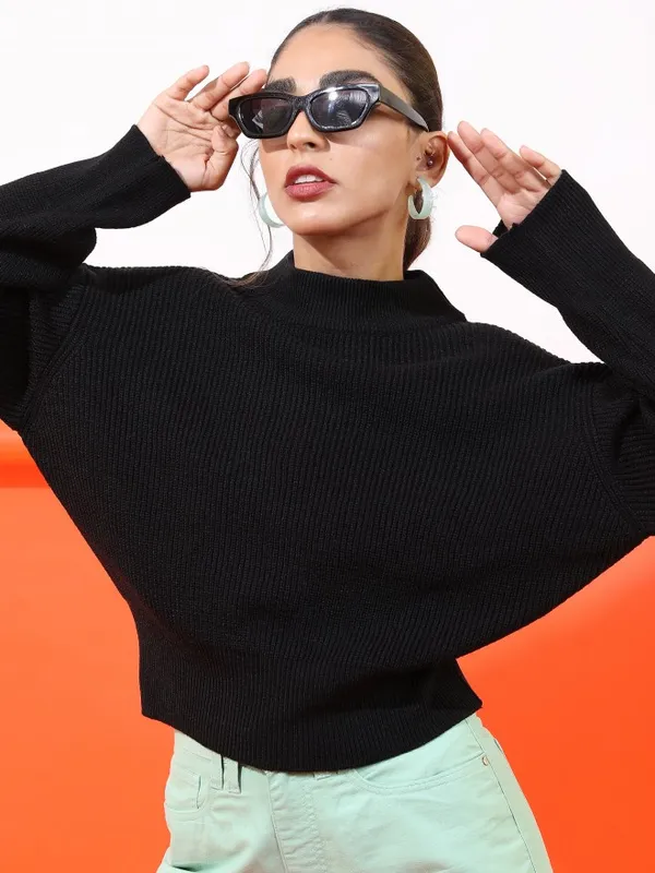 Tokyo Talkies Women Black Mock Collar Sweaters