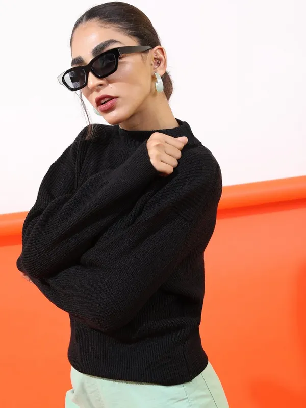 Tokyo Talkies Women Black Mock Collar Sweaters