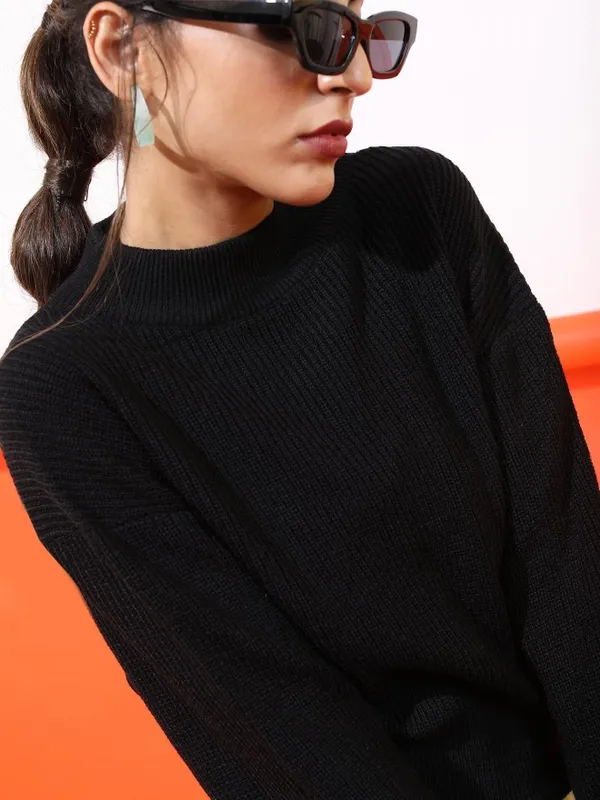 Tokyo Talkies Women Black Mock Collar Sweaters