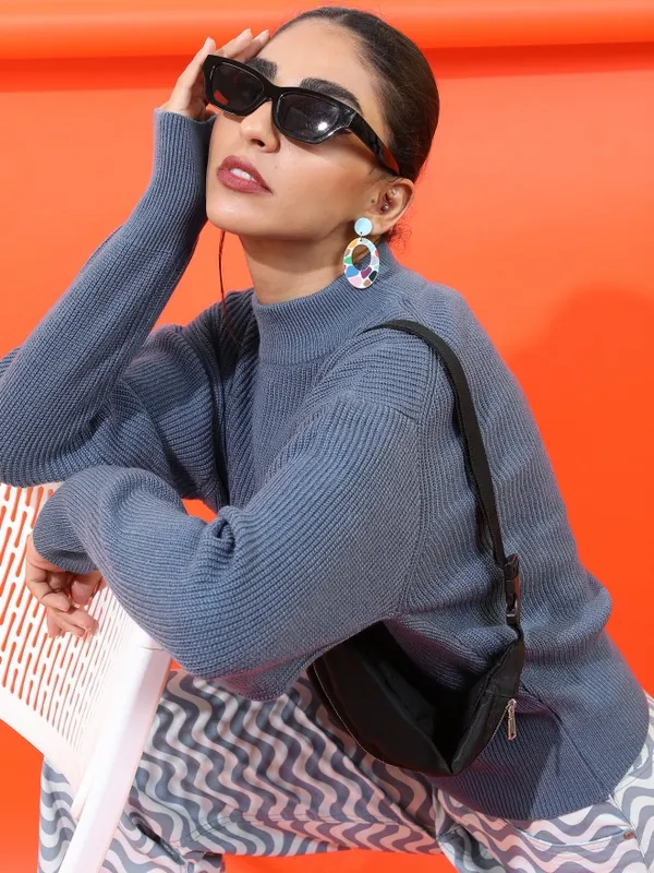  Tokyo Talkies Women Blue Mock Collar Sweaters